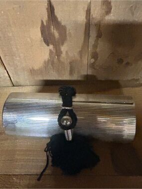 Lancome Silver Ribbed Evening Minaudière with Black Tassel